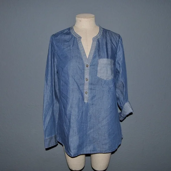 GAP Blue Mixed Chambray Split-Neck Popover Tunic Top sz M NEW Women's Blouse - Picture 4 of 8